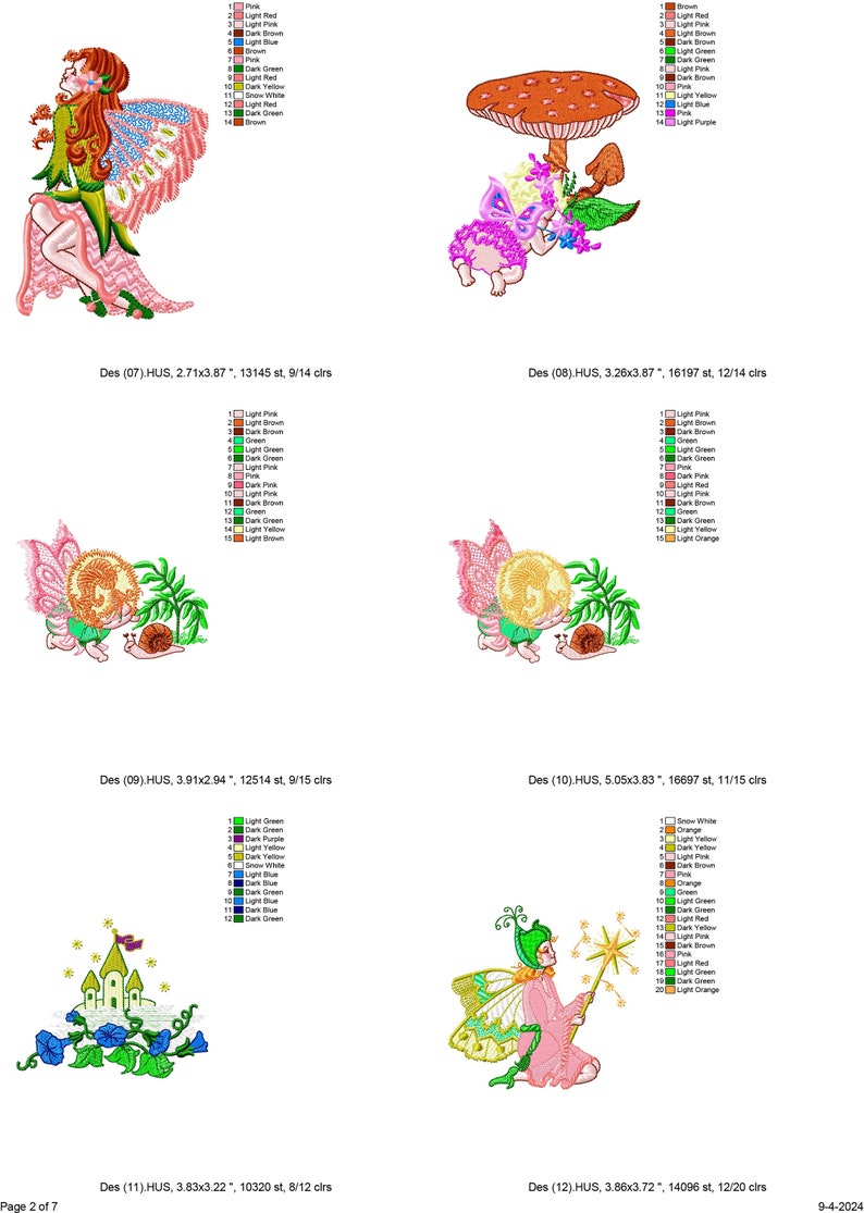Puede incluir: Cuatro dise&ntilde;os de bordado que representan hadas en varias poses. El primer dise&ntilde;o muestra un hada con alas rosadas y un vestido verde de pie sobre un hongo. El segundo dise&ntilde;o muestra un hada con alas rosadas y un vestido rosa acostada sobre un hongo. El tercer dise&ntilde;o muestra un hada con alas rosadas y un vestido verde sosteniendo una bola amarilla. El cuarto dise&ntilde;o muestra un hada con alas amarillas y un vestido rosa sosteniendo una varita.