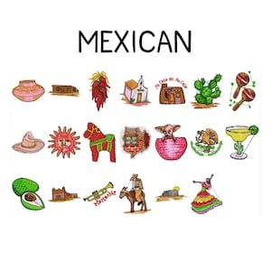 Op de afbeelding: Geborduurd beeld met het woord "MEXICAN" boven een verzameling Mexicaanse culturele iconen. Bevat een sombrero, zon, chilipepers, kerk, cactus, maracas en een margarita.