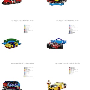 May include: A set of five embroidery designs featuring race cars in various colors, including red, yellow, and blue. The designs are perfect for creating personalized apparel, home decor, or gifts.