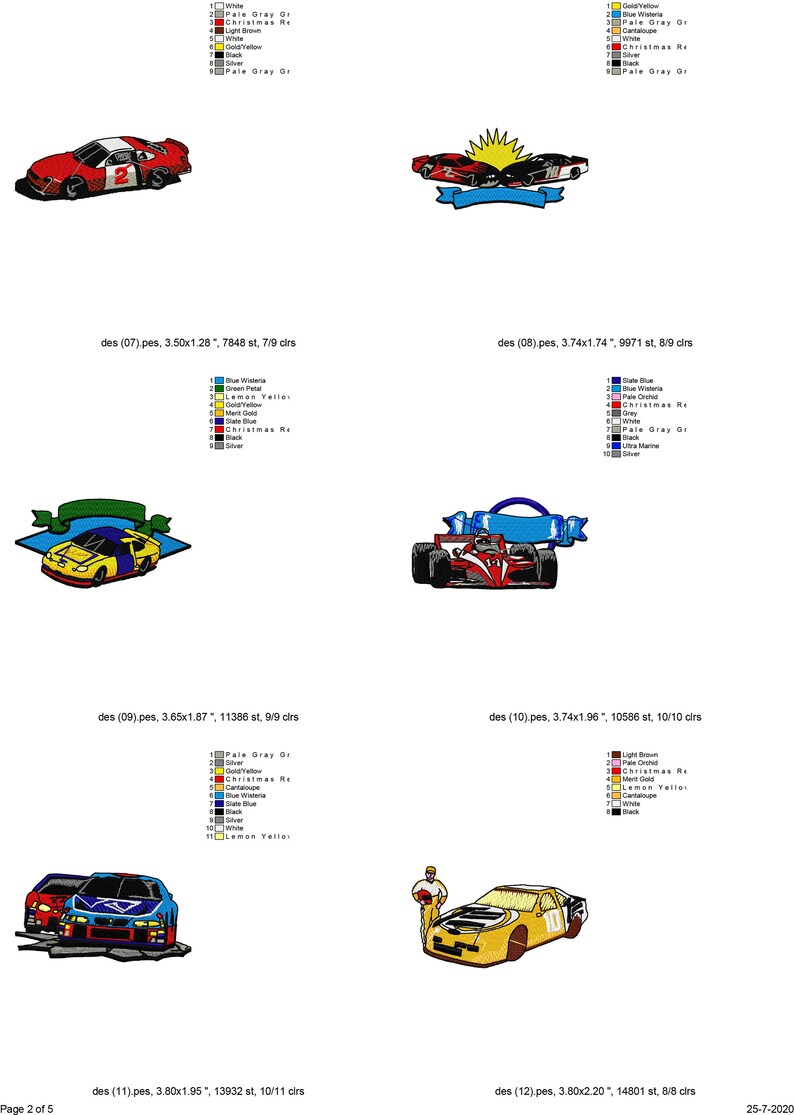 May include: A set of five embroidery designs featuring race cars in various colors, including red, yellow, and blue. The designs are perfect for creating personalized apparel, home decor, or gifts.