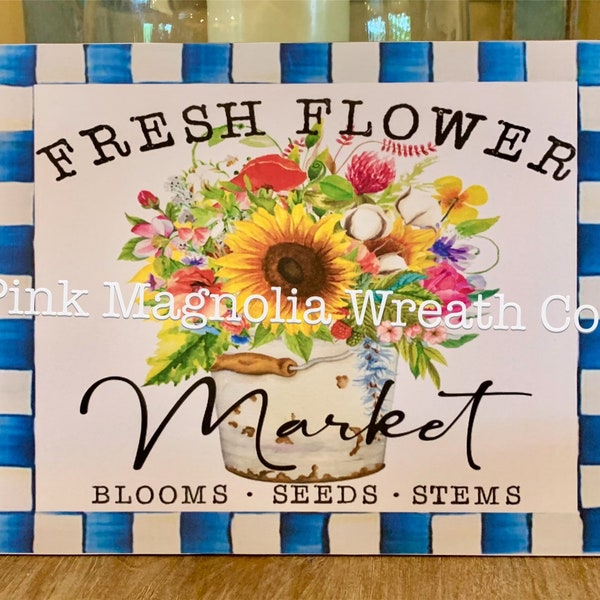 Flower market sign with blue check border