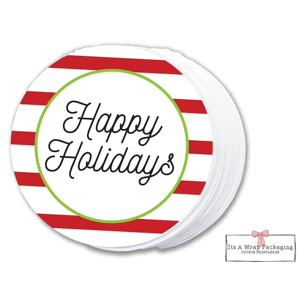 Happy Holidays Printable Cookie Tag -2" Circle- , Cookie Packaging, Holiday Gift Tag, Holiday Cookie Tags,  Christmas Cookie Cards, Red