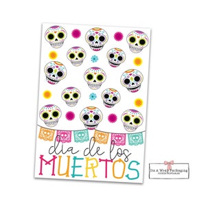 dia de los muertos Mini cartão de biscoitos 3,5" X 5" -Imprimível, Dia dos Mortos, Halloween, Doces ou Travessuras, Caveira, Etiquetas de Biscoitos, Embalagem de Biscoitos