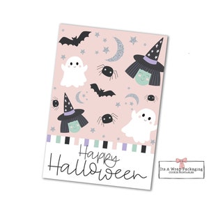 Karta ciasteczkowa na Halloween 3,5" X 5" - Karta ciasteczkowa na Halloween, Karta ciasteczkowa z czarownicą, Karta ciasteczkowa z duchem, Karta ciasteczkowa z pająkiem, Różowa