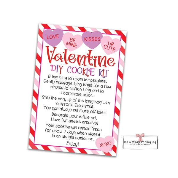 Valentine's DIY Cookie Kit Instructions Card-Printable 3.5" by 5", DIY Cookie Card, Hearts, DIY Cookie Kit Instructions