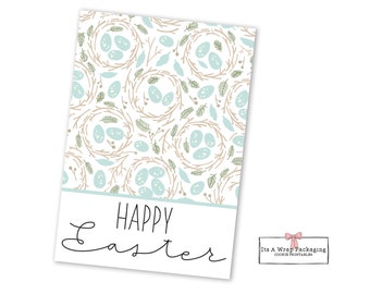 May include: A printable card with a light blue and green pattern of birds nests and eggs. The text "Happy Easter" is written in black cursive font.