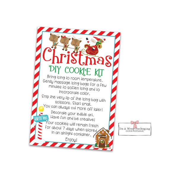 Navidad DIY Cookie Kit Instrucciones Tarjeta imprimible 3.5" por 5" Santa DIY Cookie Card, Casa de pan de jengibre, Polo Norte, Tarjetas de galletas de Navidad