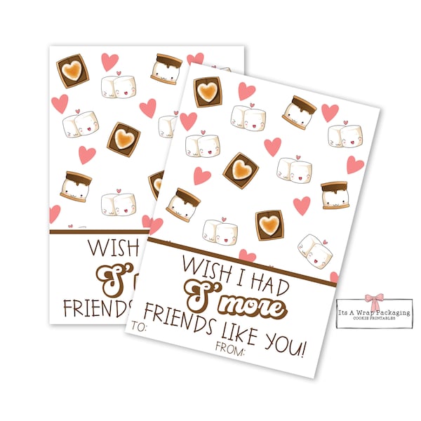 Valentines Printable Mini Cookie Card 3.5" X 5" - Wish I Had S'More Friends Like You, Valentines Cookie Card, Valentine Cookie Tags, S'Mores