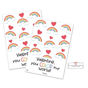 Valentines Printable Mini Cookie Card 3.5&quot; X 5&quot; - You Color My World, Hearts Rainbows, Valentines Cookie Card, Valentine Cookie Tags