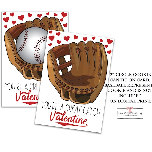 Valentines Printable Mini Cookie Card 3.5" X 5" -You're a Great Catch Valentine Cookie Card, Cookie Cards, Valentines Cookie Tag, Baseball