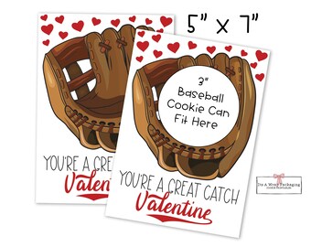 Valentines Printable Cookie Card 5&quot; X 7&quot; - You&#39;re a Great Catch Valentine, Valentine Cookie Tags, Cookie Cards, Sports, Baseball, Boys