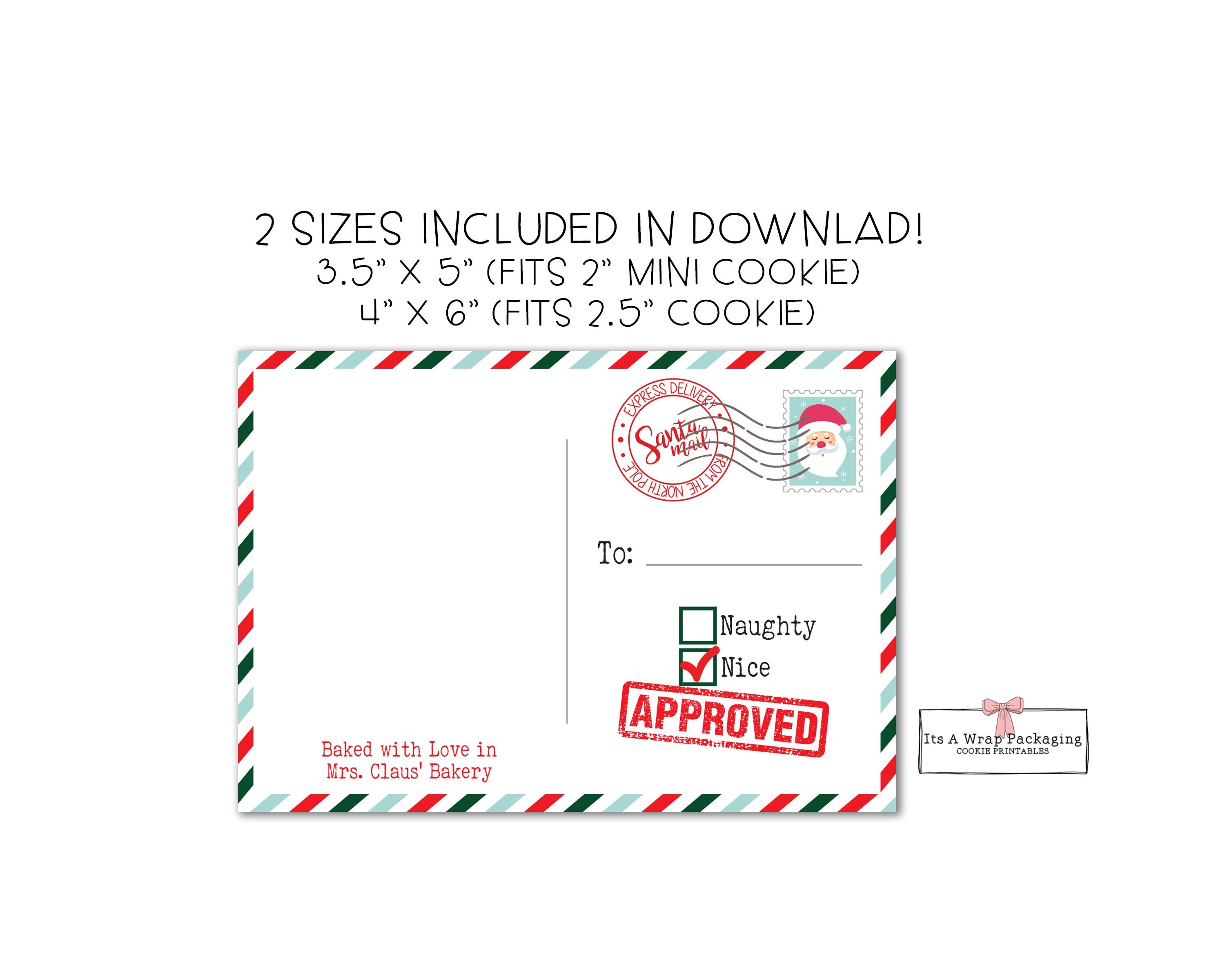 Christmas Cookie Card 5" X 3.5" and 6" X 4", Santa Mail, Elf Cookie Cards, Christmas Cookie Packaging, Naughty or Nice, Cookie Tags