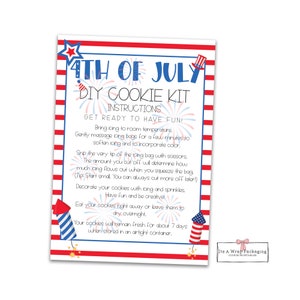 Summer 4th of July DIY Cookie Kit Instructions Card-Printable 3.5" by 5"-Independence Day, Fireworks, Patriotic,USA, America, Flag, Summer