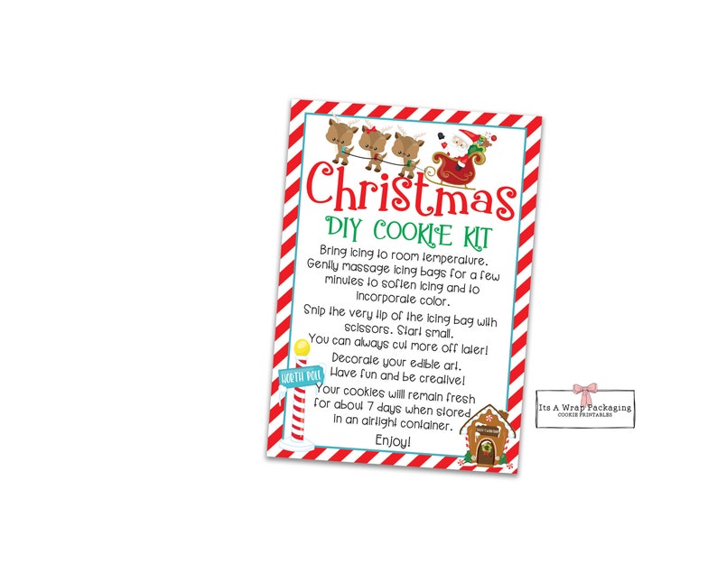 Christmas DIY Cookie Kit Instructions Card-Printable 3.5 by 5 Santa DIY Cookie Card, Gingerbread House, North Pole, Christmas Cookie Cards image 1