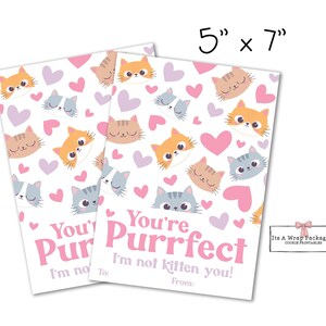 Valentines Printable Cookie Card 5&quot; X 7&quot; - Cat Valentine Cookie Card, Kitten Cookie Cards, Valentines Cookie Tag, You&#39;re Purrfect