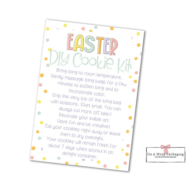 Easter Printable Cookie Card 3.5" X 5" -Easter DIY Cookie Kit Instructions Card, Easter Cookie Kit, Spring DIY Cookie Kit Instructions