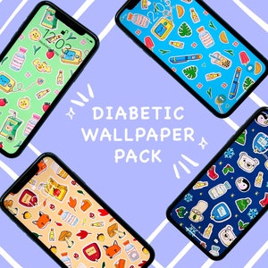 以下が含まれることがあります： 糖尿病をテーマにした4種類の異なる携帯電話の壁紙。各壁紙は、異なる色の背景と、インスリンポンプ、血糖値測定器、健康的なスナックなど、糖尿病の管理に関連するさまざまな漫画の画像を特徴としています。