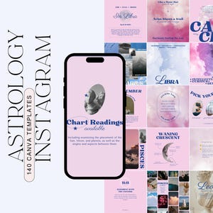May include: A collection of 140 Instagram templates for astrology, featuring a pink and purple color scheme with images of zodiac signs, celestial bodies, and text overlays. The text includes phrases like "In Libra", "Aries blazes a trail", "Cancer", "Waning Crescent", "Pick Your Ritual", and "Chart Readings available".