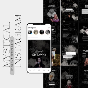 Op de afbeelding: Een set van 52 Instagram-sjablonen met een mystiek thema. De sjablonen hebben een zwarte achtergrond met witte tekst en illustraties van sterren, manen en kristallen. De tekst bevat zinnen als "Magische Giveaway", "Lage Vibraties Genezing" en "Waterman".