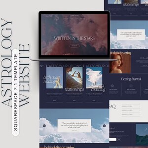 May include: A laptop displaying an astrology website template. The website features a dark blue and white color scheme with images and text such as "Written in the Stars", "birth chart readings", and "relationships". The words "ASTROLOGY WEBSITE" are vertically displayed.