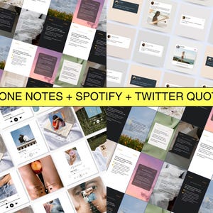 May include: A collage of images featuring iPhone notes, Spotify music, and Twitter quotes. The images are arranged in a grid pattern and feature a variety of colours and styles.