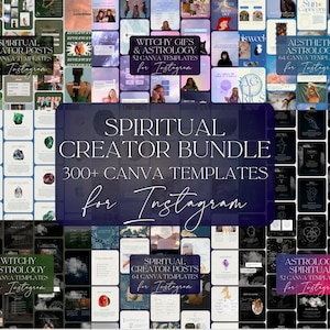 Puede incluir: Un collage de imágenes que promocionan un paquete de más de 300 plantillas de Canva para Instagram. Las plantillas están temáticas en torno a la espiritualidad, la astrología y la brujería. El texto "SPIRITUAL CREATOR BUNDLE 300+ CANVA TEMPLATES for Instagram" aparece en el centro de la imagen.