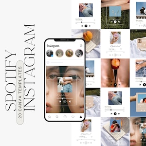 May include: A set of 20 Instagram templates for Spotify, featuring a variety of designs with different colors and layouts. The templates include a play button, a progress bar, and text that says "Now Playing".