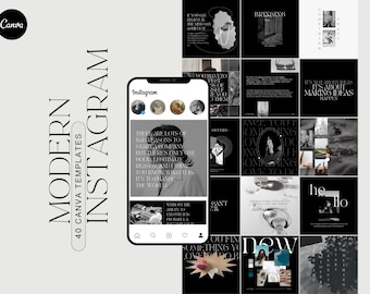 Puede incluir: Un conjunto de 40 plantillas modernas de Instagram en blanco y negro con superposiciones de texto. Las plantillas presentan citas, mensajes inspiradores y diseños abstractos.
