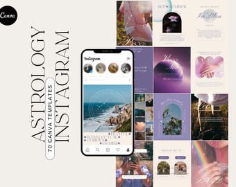 Könnte beinhalten: Ein Set mit 70 Instagram-Vorlagen für Astrologie, mit einem lila und weißen Farbschema mit Bildern von Sternbildern, Planeten und anderen himmlischen Motiven. Der Text "Astrologie" und "70 Canva-Vorlagen" wird in schwarzer Schrift angezeigt. Der Text "Instagram" wird in weißer Schrift angezeigt.