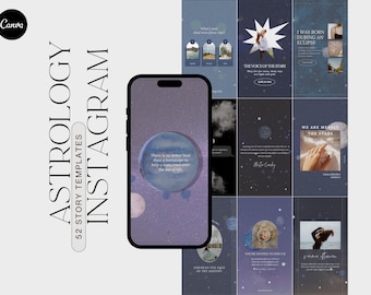 May include: A set of 52 Instagram story templates with a celestial theme. The templates feature a variety of designs, including stars, planets, and constellations. The text on the templates includes quotes about astrology and the stars.
