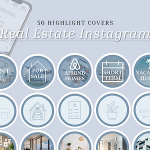 50 copertine Instagram dedicate al settore immobiliare: icone blu degli agenti immobiliari (download digitale)
