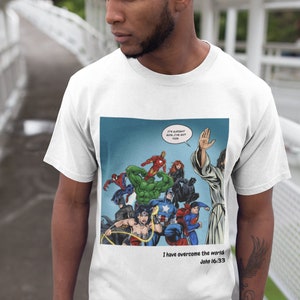 Superheroes & Jesus Christian Bible Verse T Shirt (Unisex)