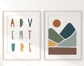Adventure Mountain Nursery Prints: Neutral Kids Room Decor (Set of 2) (Digital Download)