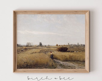 Vintage Wheat Field Art Print: Farmhouse Landscape Painting