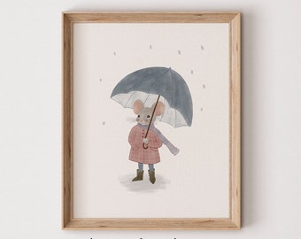 Mouse Art Print Illustration | Mouse Nursery Art | Cute Nursery Decor | Rainy Day Art | Printable Wall Art #301