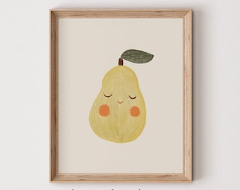 May include: A digital illustration of a yellow pear with a green leaf and closed eyes. The pear has two peach-colored cheeks. The illustration is on a cream background with the text "birch + bee prints" at the bottom.
