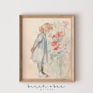 Vintage Nursery Decor | Watercolor Painting | Little Girl Smelling Flowers | Smell the Roses Digital Art Print #317