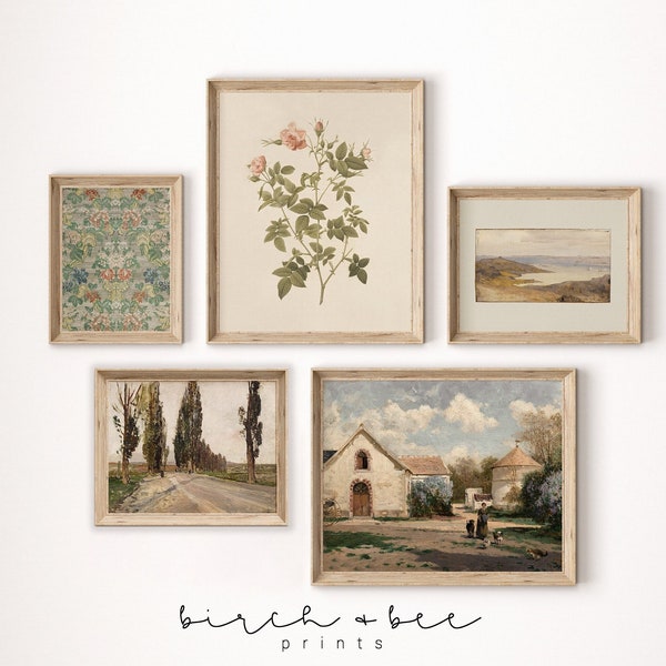 French Country Gallery Wandkunst | 5er Set | Vintage Blumen- und Textilkunst | French Cottage Landschaft #5