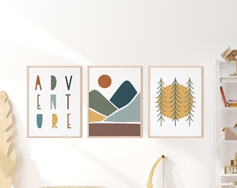 Adventure Nursery Prints Set: Mountain Scene Kids Room Wall Art