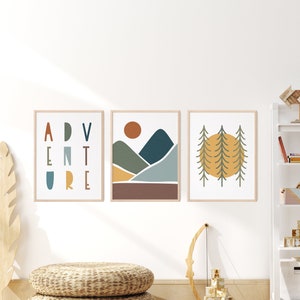 Adventure Nursery Prints Set: Mountain Scene Kids Room Wall Art
