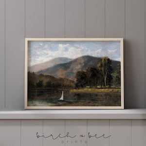 Vintage Sailboat Mountain Landscape Painting: Cozy Nursery Art (Digital Download)