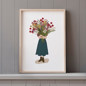 Woman with Flower Bouquet Print: Whimsical Floral Art (Digital Download)