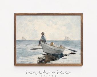 Vintage Boat Watercolor Print: Nautical Lake House Art