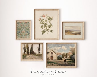 French Country Gallery Wall Art | Set of 5 | Vintage Floral and Textile Art | French Cottage Landscape #5