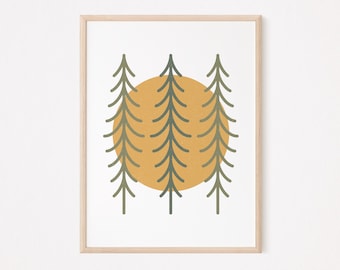 Forest and Sun Kids Print | Forest Nursery Theme | Tree Outdoor Themed Nursery & Kids Room | | Neutral Nursery Decor | Digital Wall Art