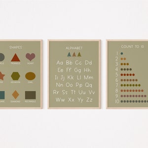 Alphabet Print Set of 3 | ABC&#39;s Shapes Counting | Educational Print | Sage Green ABC Print | Green Nursery Wall Art | Kids Room Decor