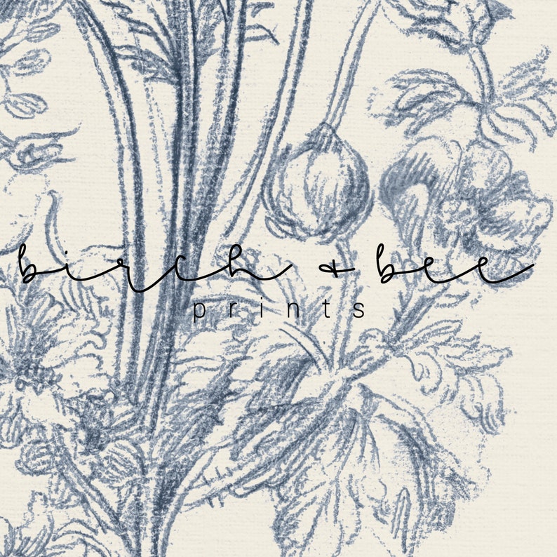 Puede incluir: Un estampado floral azul y blanco con el texto "birch + bee prints" en negro.