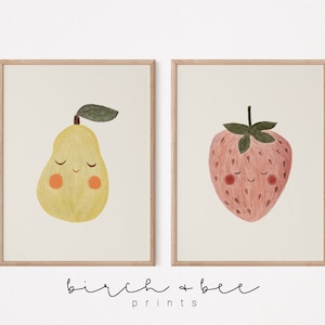 Obst-Thema Kinderzimmer Wanddeko | 2er-Set | Erdbeere Art Printable | Birne Kunstdruck | Niedliches Kinderzimmer Dekor | Druckbare Kunst #300