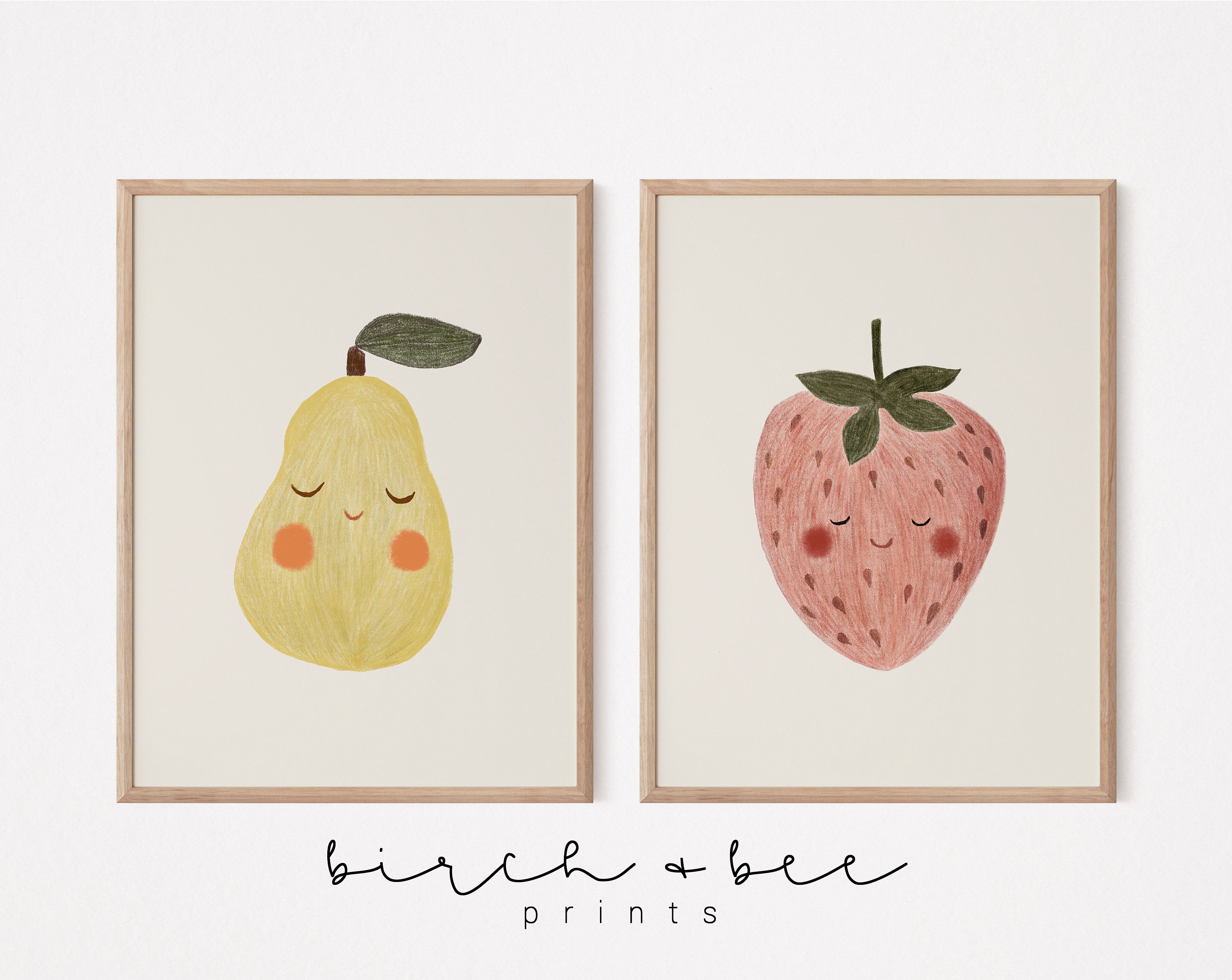 Fruit Theme Nursery Wall Decor | Set of 2 | Strawberry Art Printable | Pear Art Print | Cute Nursery Decor | Printable Wall Art #300
