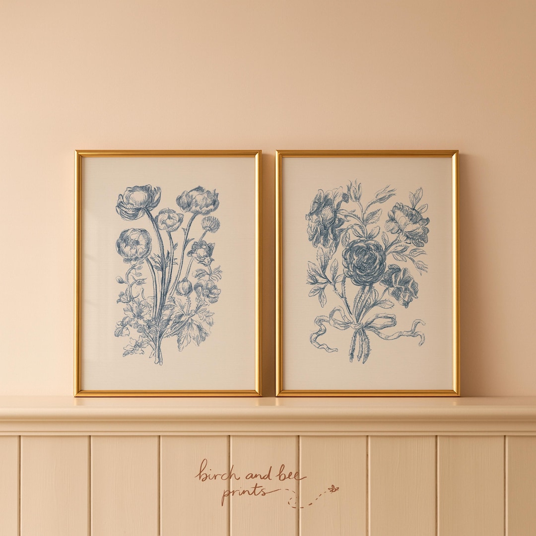 Vintage Floral Print Set of 2 | Blue Wall Decor | Rose Bouquet Art ...